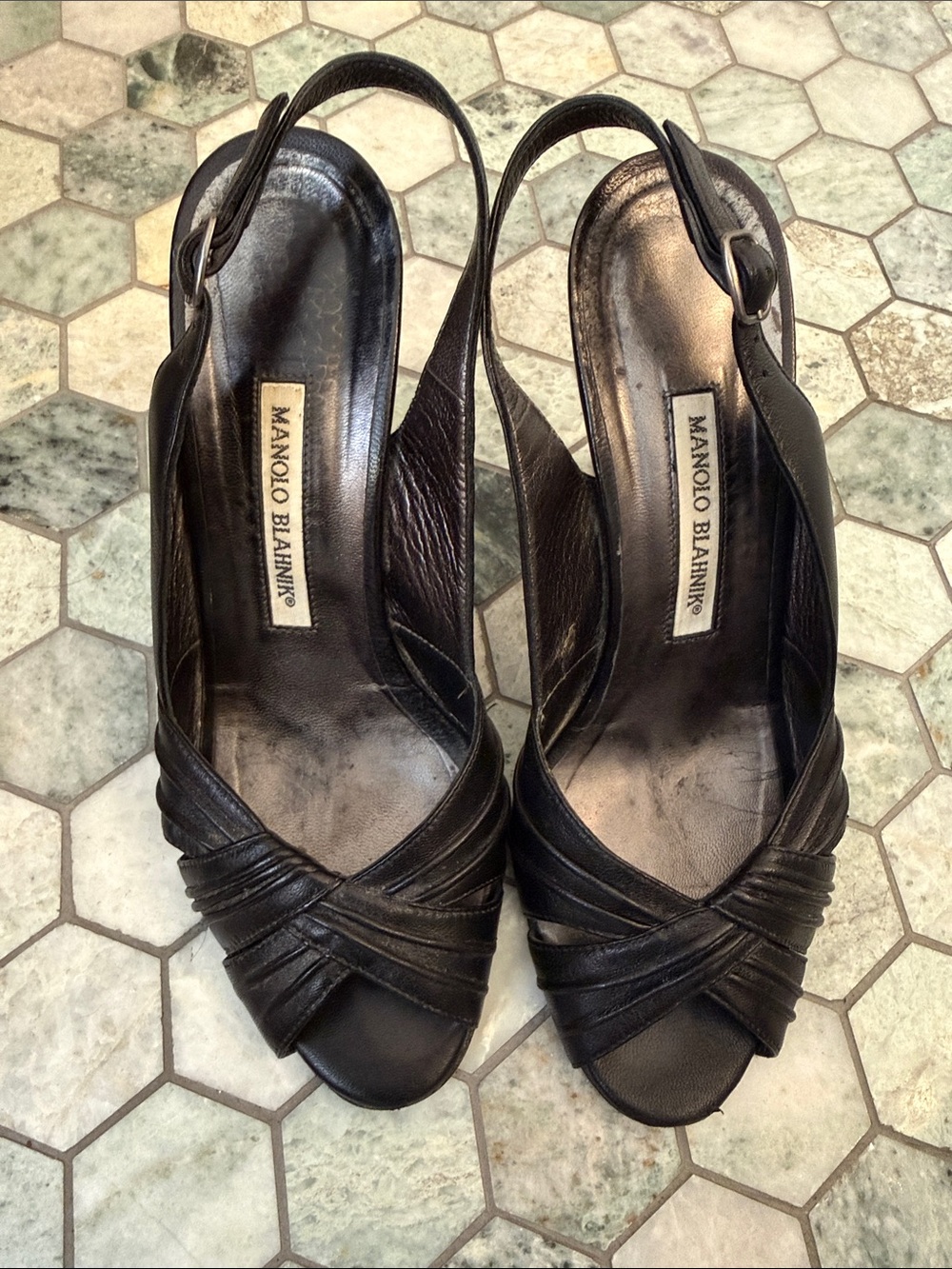 Manolo Blahnik Black Leather Peep-Toe Slingback Heels